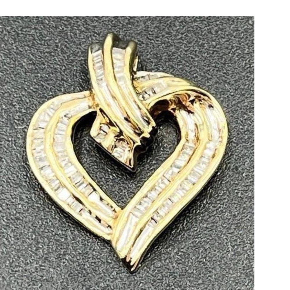 Designer Vintage 10k Yellow Gold Baguette Channel Diamond Heart Slide Pendant